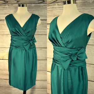 EVAN PICONE Retro Dress 4 Small Teal Textured Satin Bow 60's Pleats Ruched